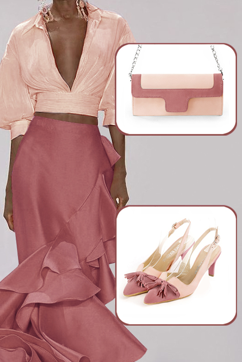 Women's dusty rose pink and powder pink elegant slingback heels, with a bow on the front. Tapered toe. Medium slim heel - Worn view